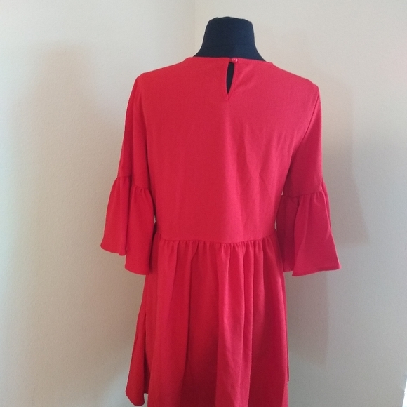 Women's Red Embroidered Dress with bell Sleeves, Red, Small - Picture 5 of 10